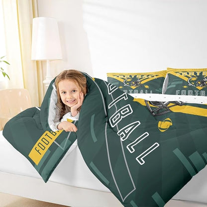 Feelyou Football Bedding Set Boys Girls Full Size Comforter Set Sports Themed Women Men Football City Duvet Quilt Rugby Sports Green Yellow Room Decor