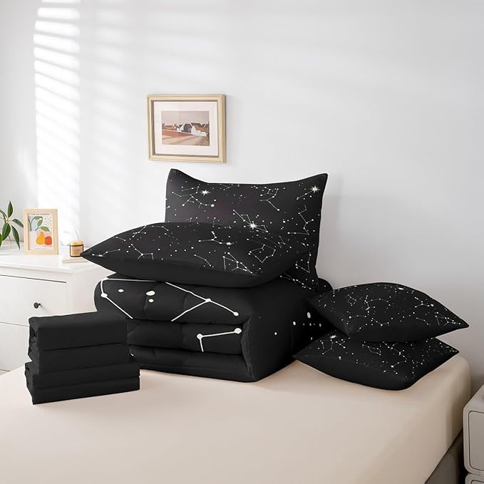 Feelyou Galaxy Comforter Set King Size 7 Pcs Kids Outer Space Constellation Comforter Bed in a Bag Universe Starry Sky Bedding Set for Boys Girls Teens Bed Set with Sheets, Pillowcases, Pillow Covers