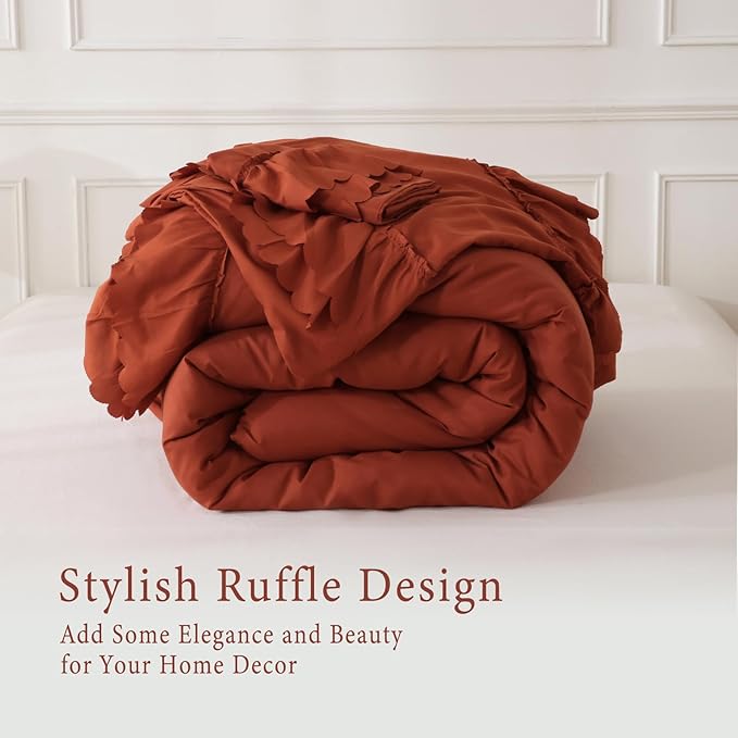 Herside Brick Red Ruffle Comforter Set King Size,Shabby Chic Boho Bedding Sets, Soft Fluffy Comforters Sets for All Season,Vintage Ruffled 3 Pcs Microfiber Lightweight Quilt Set for Women Girls