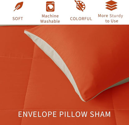 Exclusivo Mezcla Lightweight Reversible Full Queen Size Comforter Set, Down Alternative Comforter with 2 Pillow Sham, Full Queen Size Bedding Set for All Seasons, Burnt Orange/Brich Beige