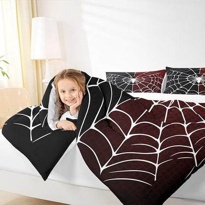 Spider Web Comforter Set Queen Size, Black and Red Halloween Bedding Set 3pcs, White Spider Arachnid Insect Animal Down Comforter for All Season, Kids Boys Teens Room Decor, 2 Pillowcases, No Sheets