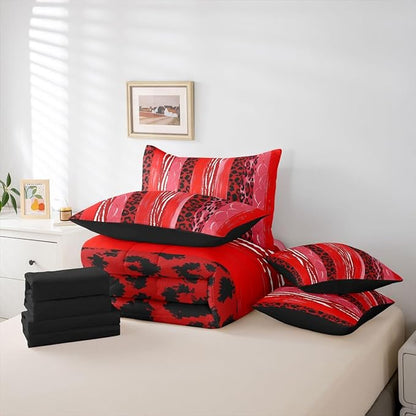 Erosebridal Cheetah Fur White Red Geometric Women Full Comforter Set 7 Pieces | Stripe Leopard Print Bed in A Bag for Bedroom Men Adults Bedding Set with Comforters Animal Skin Pattern Room Decor