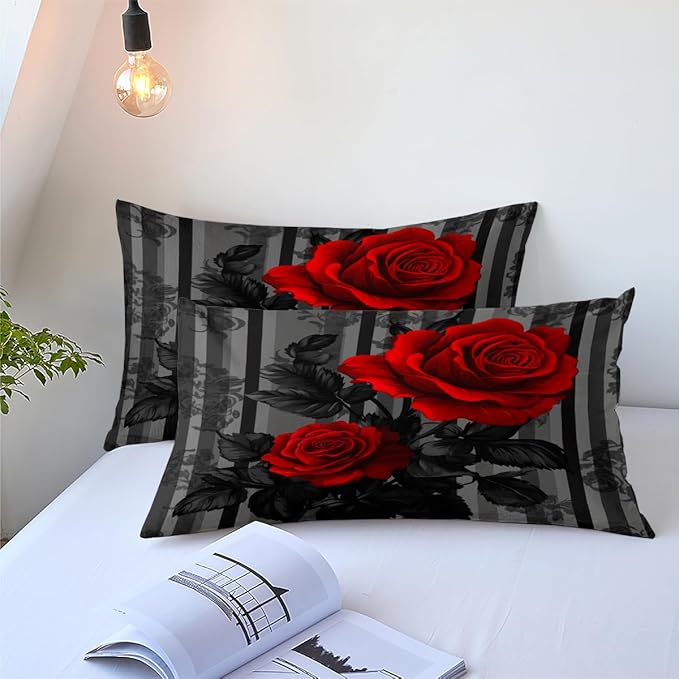 Comforter Set Full Size for Girls Romantic Red Rose Comforter Set Black Floral Bedding Set for Bedroom Decor - 3Piece Soft Fluffy Microfiber with 2 Pillowcases