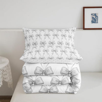 Feelyou Gray Bow Comforter Set King Size Cute Bowknot Bedding Set Boys Girls Kawaii Comforter for Kids Women Men Bow and Stripes Duvet Set 3Pcs