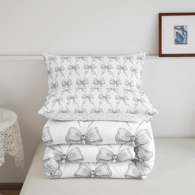 Feelyou Gray Bow Comforter Set Queen Size Cute Bowknot Bedding Set Boys Girls Kawaii Comforter for Kids Women Men Bow and Stripes Duvet Set 3Pcs