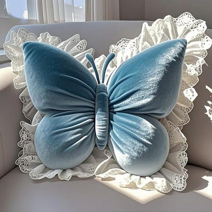 Butterfly Throw Pillow, Butterfly Shaped Decorative Pillow for Sofa Couch Bed, Plush Velvet Lumbar Support Cushion for Office Chair & Car Seat (Blue)