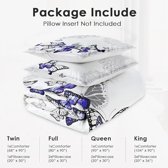 King Size Comforter Set with 2 Pillowcases, Summer Spring Purple Butterfly 3 Pcs Bedding for Kids and Adults, Abstract Circular Mandala Floral Soft Comforter Set for Bedroom Bed Decor