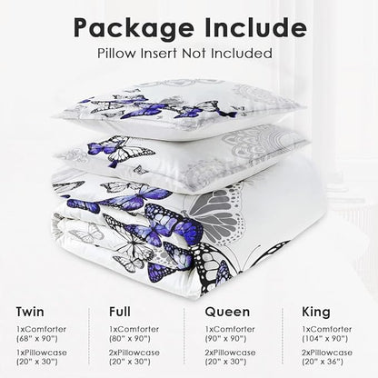 Queen Size Comforter Set with 2 Pillowcases, Summer Spring Purple Butterfly 3 Pcs Bedding for Kids and Adults, Abstract Circular Mandala Floral Soft Comforter Set for Bedroom Bed Decor