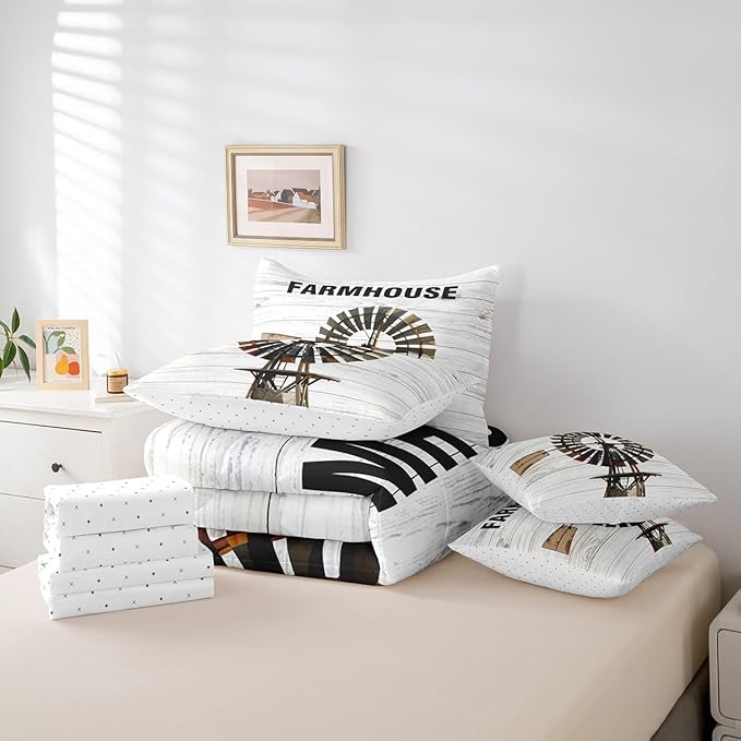 Erosebridal Farmhouse Comforter Set Bed in a Bag Full Size Rustic Windmill Comforter Set with Wooden Style Sheets(1 Comforter, 1 Flat Sheet, 2 Pillowcases, 2 Throw Pillow Covers)
