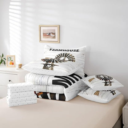 Erosebridal Farmhouse Decor Comforter Set Bed in a Bag King Size Rustic Windmill Comforter Set with Wooden Style Sheets (1 Comforter, 2 Pillowcases, 2 Throw Pillow Covers)