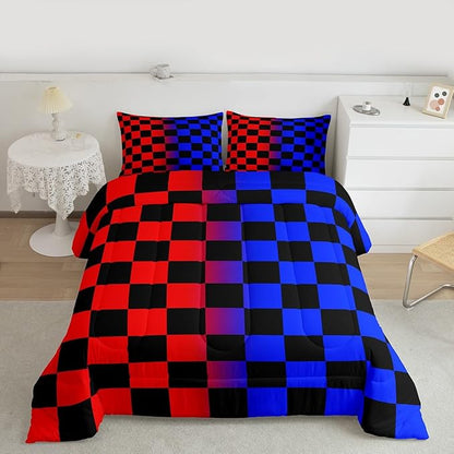 Feelyou Checkered Kids Comforter Set King Size Red Blue Plaid Bedding Set Cute Retro Neutral Checkerboard Geometric Duvet Quilt for Kids Boys Girls Bedroom Vintage Aesthetic Decor