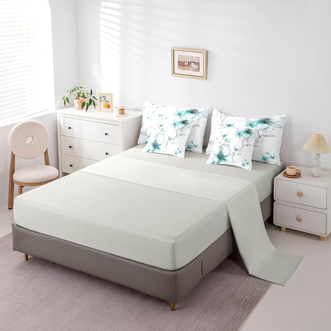 Erosebridal Boho Flower Twin Comforter Set with Sheets, Teal Floral 7 Pcs Bedding Set, Ink Painting Style Blossom & Leaf Bed in A Bag, Chic Watercolor Floral Elegant Bed Sets for Women Girls Adults