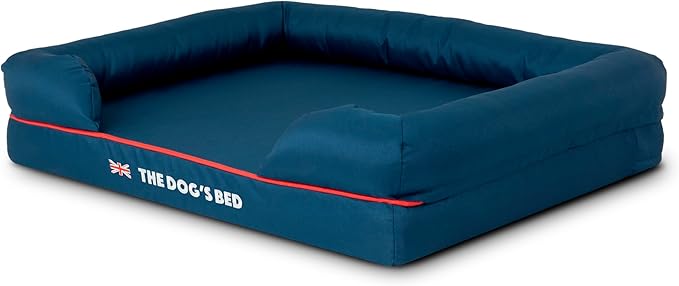 The Dog’s Bed Orthopedic Memory Foam Dog Bed with Bolsters, Oxford Fabric, Blue with Dark Red Trim, M