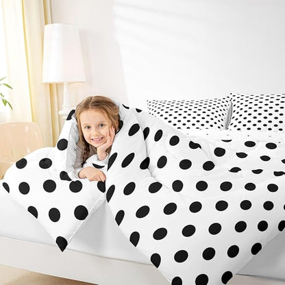 Manfei Black Polka Dots Comforter Set Queen Size,French Style Dots Cartoon Cute Bedding Set 3 Pcs for Teens Adults,Geometric Circles Black White Simple Art Comforter,2 Pillowcases