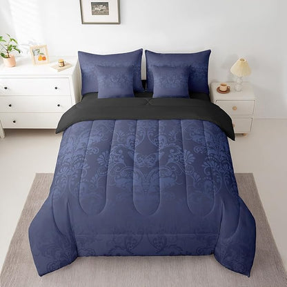 Erosebridal Gothic Damask Comforter Set 7 Piece Bed in a Bag Twin,Butterfly Skull Bedding Sets Azure Blue Victorian Floral Goth Sheet Set with Comforter