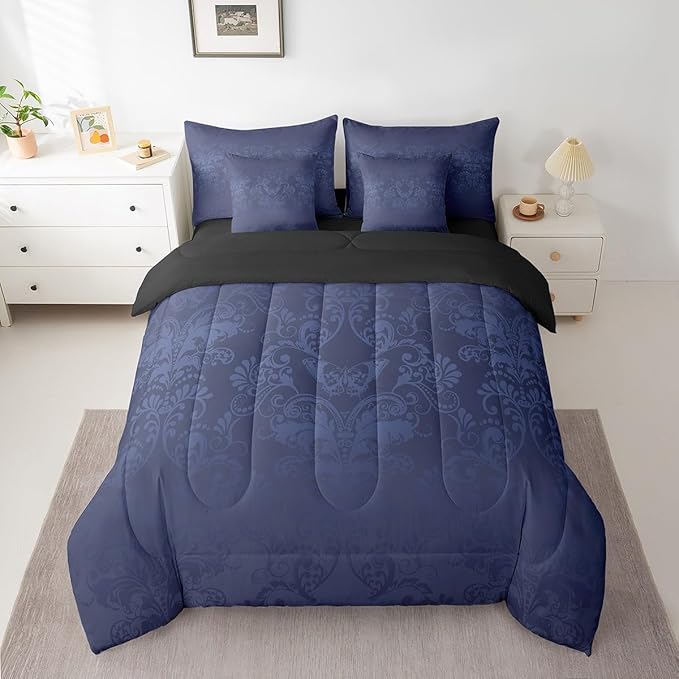 Erosebridal Gothic Damask Bed in a Bag King Size Comforter Set 7 Pieces,Butterfly Skull Bedding Sets Azure Blue Victorian Floral Goth Sheet Set with Comforter