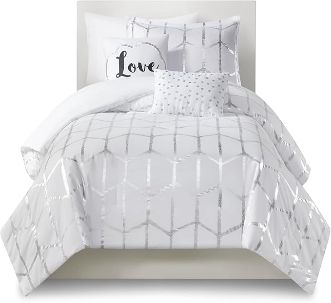Intelligent Design Raina Twin / Twin XL Comforter Set, Soft Microfiber Comforter Set Twin, Modern Geometric Metallic Bed Set, 4 Pieces College Bedding Comforter Set with 1 Sham, 2 Toss Pillows White