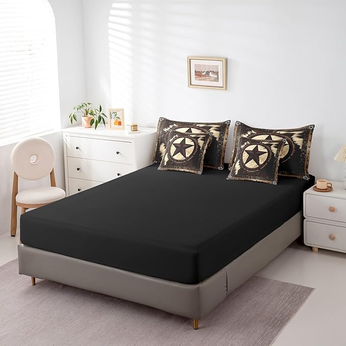 Erosebridal 7 Pcs Rustic Cow Comforter Set Full Size,Western Texas Star Bed in a Bag with Flat Fitted Sheet for Cowboy Cowgirl,Cowhide Cow Print Bedding Set with Pillowcases and Cushion Cases