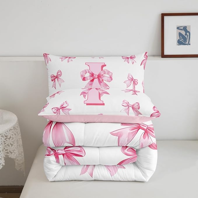 Erosebridal Initial Letter I Comforter Set for Kids,Dreamy Princess Bow Girls Toddler Bedding Set Cute Kawaii Bowknot Bedding Comforter Sets Girly Lovely Letter Bow Bed Set with 1 Pillow Case