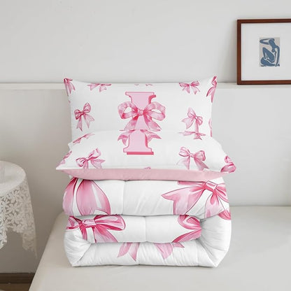 Erosebridal Initial Letter I Comforter Set for Kids,Dreamy Princess Bow Girls Queen Bedding Set Cute Kawaii Bowknot Bedding Comforter Sets Girly Lovely Letter Bow Bed Set with 2 Pillow Cases