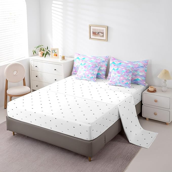 Castle Fairy Fish Scales 7 Pieces Bedding Set Colorful Comforter Set for Boys Girls Romantic Style Bed Set Room Decor Twin Size Mermaid Soft Warm Microfiber Bedding
