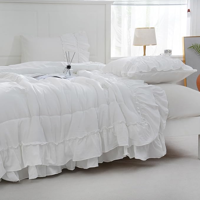 Boho Bedding King White Comforter Set Shabby Chic Beddings 2 Layers Ruffle Home Decor Farmhouse Bed Comforter