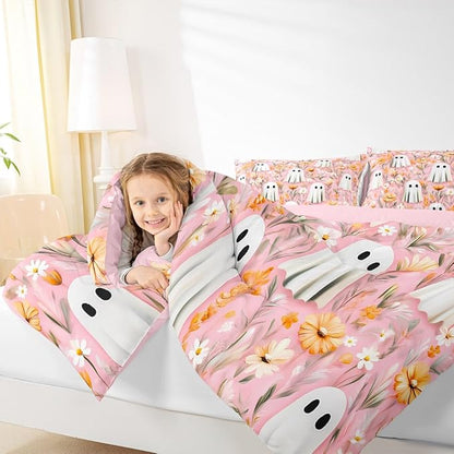 Erosebridal Girls Halloween Ghost King Size Comforter Set, Bohemian Halloween Decor Bedding Set for Kids Teens Women Bedroom Decor, Boho Floral Comforter, Blossom Flowers Quilt 3 Piece