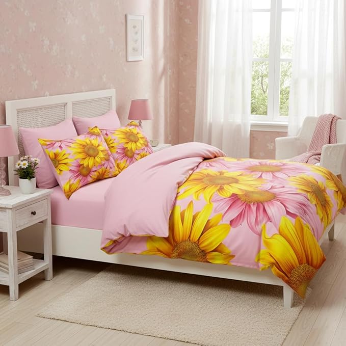 Girls Sunflower Comforter Set Queen Size, Pink Yellow Soft Microfiber Bedding Set, 3 Pcs Cozy Oil Painting Bedroom Decor Quilted for Adult Women, 90"x90"
