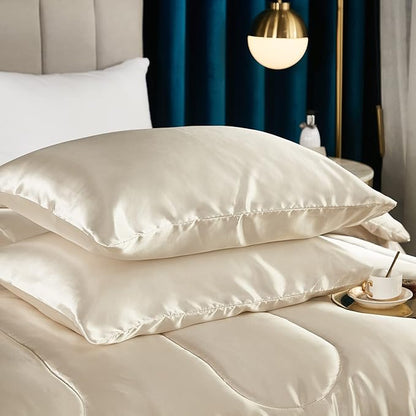 Bedding_Dreamer Satin Comforter King Silky Comforter Set Alternative Down Comforter Silk Like Beige Comforter for Women Luxury Hotel Silky Cream 1 Comforter 2 Pillowcase (King, Beige)