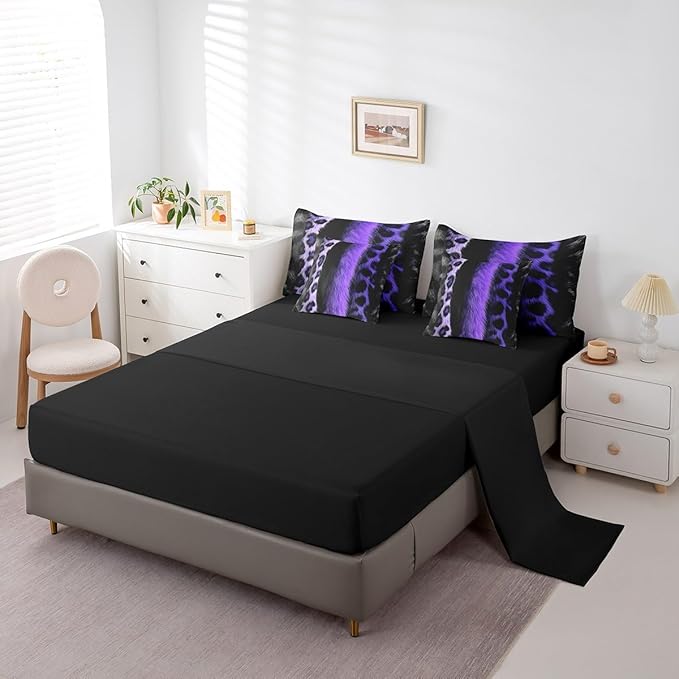 jejeloiu 3D Purple Leopard 7 Piece Bedding Set King Size Adult Leopard Comforter Set with Sheets for Boys Girls Animal Print Bed in a Bag Wild Animal Fur Bed Set