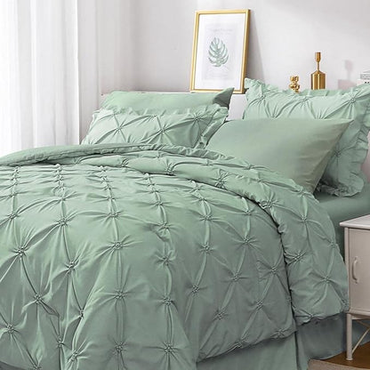 JOLLYVOGUE Green Twin Size Comforter Sets 5 Pieces, Pintuck Bed in a Bag Comforter Set for Bedroom, Bedding Comforter Sets with Comforter, Sheets,Ruffled Shams & Pillowcases