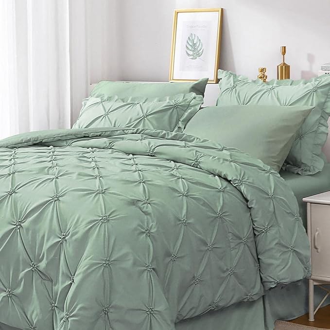 JOLLYVOGUE Queen Comforter Set 7 Pieces, Green Bed in a Bag Comforter Set for Bedroom, Bedding Comforter Sets with Comforter, Sheets,Ruffled Shams & Pillowcases