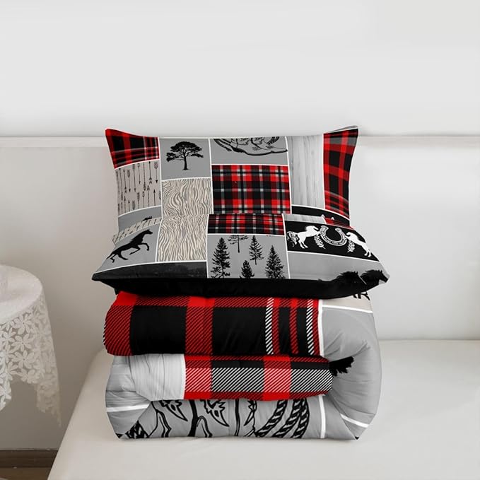 Erosebridal Horse Duvet Insert for Boys, Western Cowboy Comforter Set Horseshoe Riding Boots Bedding Set Vintage Adventure Decor Rustic Farmhouse Cabin Lodge Quilt Twin, with 1 Pillow Case,Red Grey
