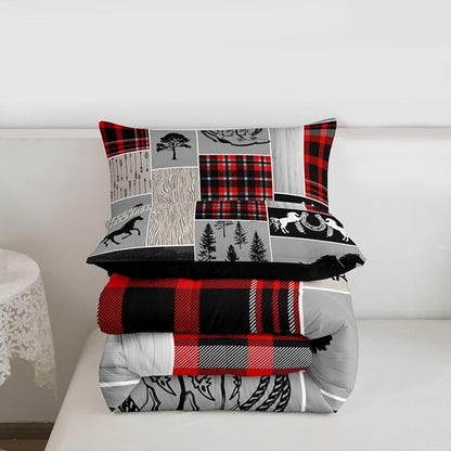 Erosebridal Horse Duvet Insert for Boys, Western Cowboy Comforter Set Horseshoe Riding Boots Bedding Set Vintage Adventure Decor Rustic Farmhouse Cabin Lodge Quilt Full, with 2 Pillow Cases,Red Grey