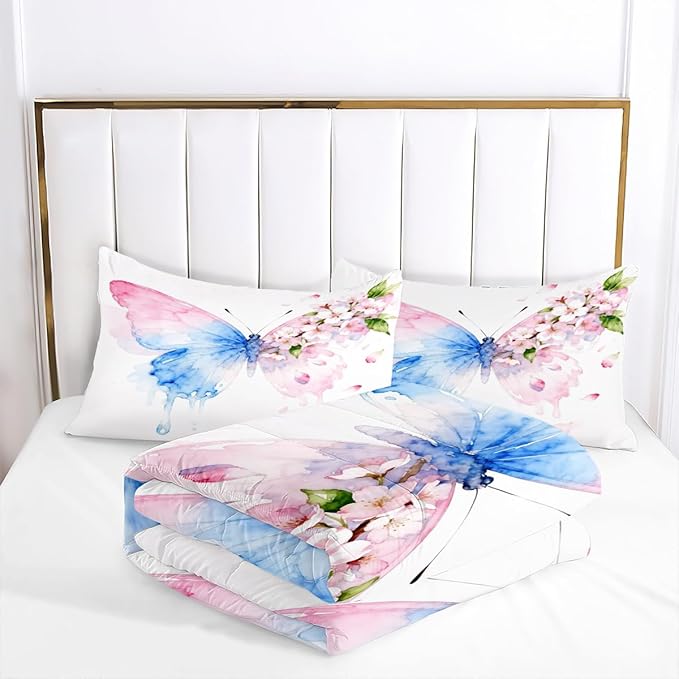 Butterfly Comforter Set Queen 3 Pieces Blue Pink Butterfly Bedding Set for Kids Teens Butterflies Cherry Blossom Comforter with 2 Pillowcases,White Super Soft Microfiber All Season