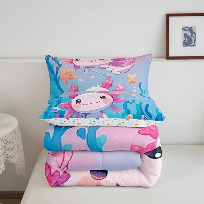 Kids Kawaii Axolotl Bedding Sets Full Size,Pink Cute Animal Ocean Sealife Reversible Comforter Set Breathable Polyester Quilt Set,Lovely Cartoon Blue Sea Coral Duvet Insert,2 Pillowcases