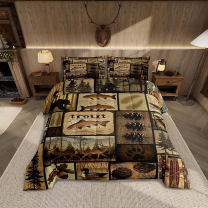 Feelyou Wild Animal Comforter Set Twin Size, Wildlife Hunting Quilt Set Bear Deer Eik Fish Duck Hunting Bedding Set for Kids Boys Teens Room Decor, Wooden Board Farmhouse Duvet Insert