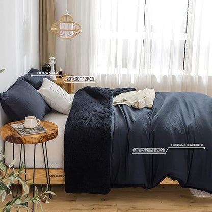 COTTEBED Warm Comforter Queen Size Sherpa Comforter Set Fuzzy Bedding Comforters Washable Cotton Fleece Down Alternative Lightweight Comforter and Pillow Shams(Dark Navy Blue,Full/Queen)