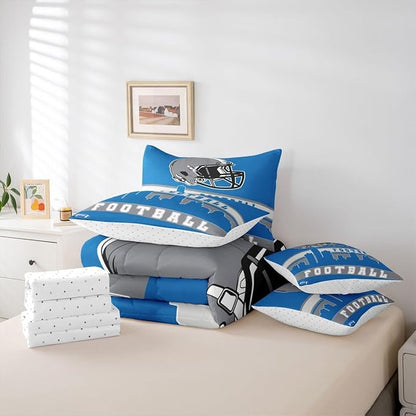 Erosebridal Football City 7 Pcs Comforter Set Queen Football Bedding for Boys Girls Blue Grey Rugby Game Sheet Set Bed in A Bag Football Fans Bedroom Decor Sports Ball Team Bed Set