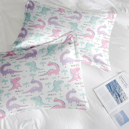 Princess Dinosaur Animal Comforter Set for Girls Kids Toddlers Teens Adults Queen, Cute Dino Pink Bedding Sets Water Washed Microfiber Bedding with 1 Comforter 2 Pillowcase All Season