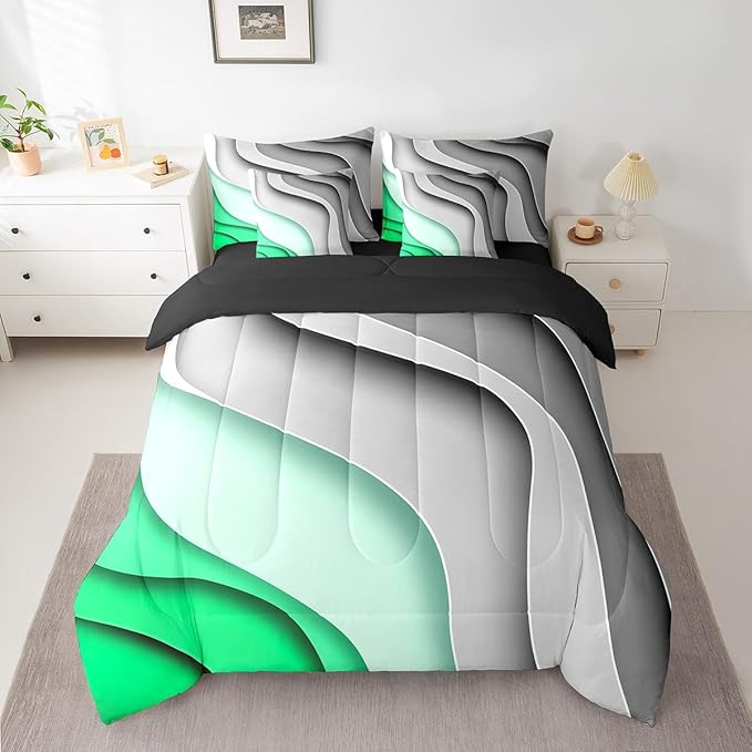 Grey Green Gradient Bedding King Size 7-Piece Kids Teens Adults Geometric Stripe Comforter Set, Aesthetic Wave Bedding Comforter Sets Modern Abstract Bed in a Bag, Ombre Bedding Accessories