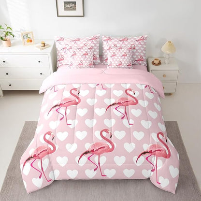 Erosebridal Flamingo Love Hearts Girls Pink King 7-Piece Comforter Set | Kawaii White Cute Animal Sheets and Pillowcases Tropical Wildlife Safari Romantic Bed in A Bag Kids Teens Women Bed Sets