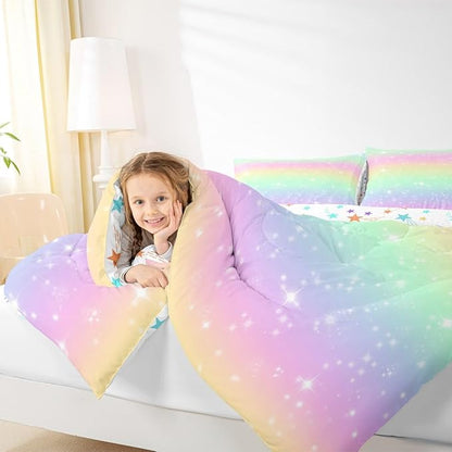 Feelyou Cute Rainbow Comforter Set Full Size Lovely Kids Rainbows Bedding Set for Kids Boys Girls Glitter Galaxy Duvet Quilt Multicolor Bedroom Decor Microfiber 3 Pcs with 2 Pillow Cases