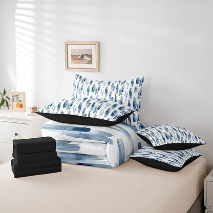 Erosebridal 7Pcs Navy Blue Boho Comforter Set Twin Size,Abstract Art Aesthetic Striped Bed in A Bag for Kids Teens Adults,Ink Painting Graffiti Watercolor Quilt Set,Modern Bedding with Bed Sheets