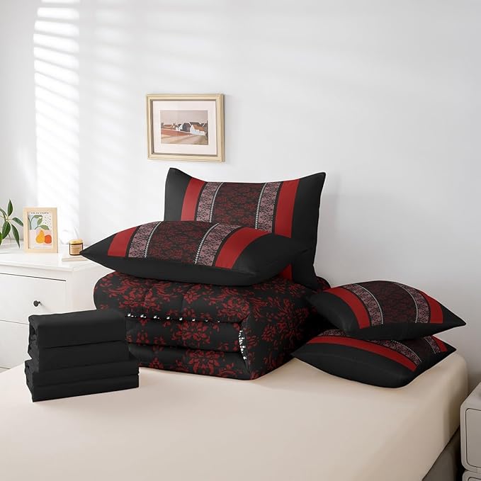 jejeloiu Adult Classic Jacquard 7 Piece Bedding Set King Size Damask Pattern Comforter Set with Sheets for Boys Girls Black Red Stripe Bed in a Bag Baroque Bed Set