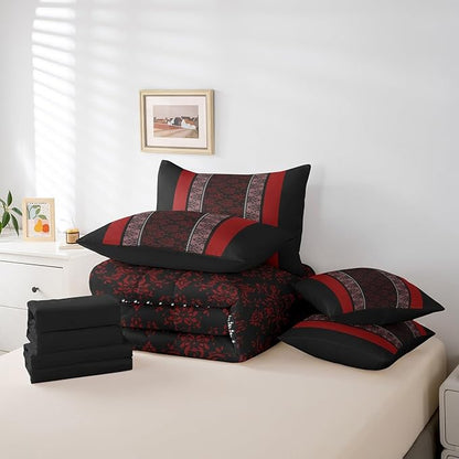 jejeloiu Adult Classic Jacquard 7 Piece Bedding Set King Size Damask Pattern Comforter Set with Sheets for Boys Girls Black Red Stripe Bed in a Bag Baroque Bed Set