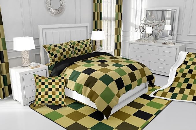 Feelyou Checkered Retro Comforter Set All Season Hunter Green Plaid Bedding Set with 2 Pillow Cases Geometric Camo Army Kids King Bedclothes Modern Hunting Groovy Aesthetic Bedroom Decor Duvet Quilt