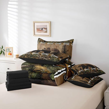 Rustic Bed in a Bag King Size Comforter Set 7-Piece | Grizzly Bear Bedding Sets Mens Hunting Comforter and Sheet Set, Woodland Animals Farmhouse Room Decor,Cabin Bedding Camo Country Decor