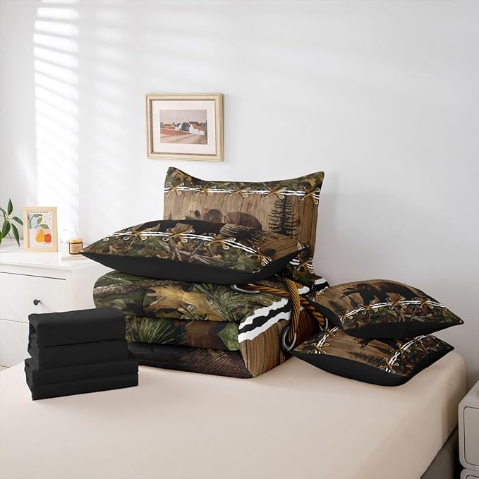 Rustic Comforter Set 7-Piece Bed in a Bag Twin | Grizzly Bear Bedding Sets Mens Hunting Comforter and Sheet Set, Woodland Animals Farmhouse Room Decor,Cabin Comforter Set Camo Country Decor