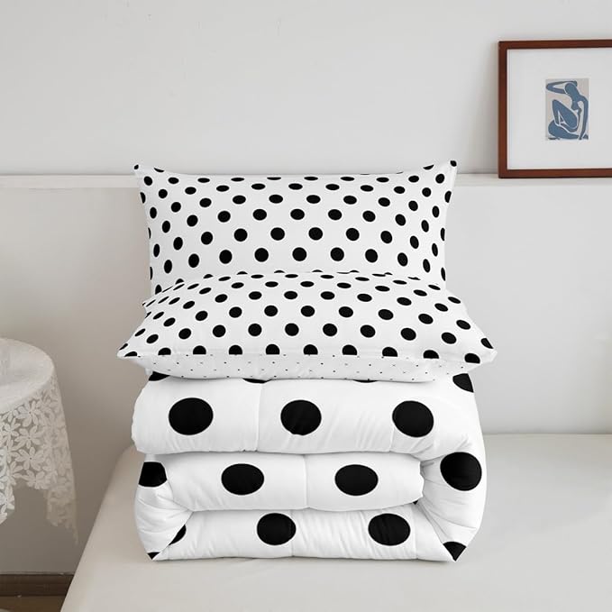 Manfei Black Polka Dots Comforter Set Queen Size,French Style Dots Cartoon Cute Bedding Set 3 Pcs for Teens Adults,Geometric Circles Black White Simple Art Comforter,2 Pillowcases